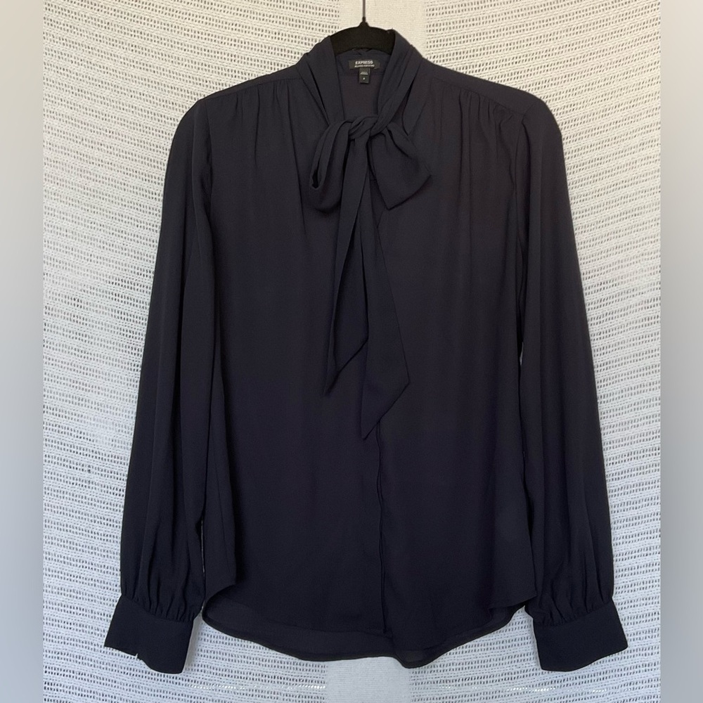 Express Blue Tie Front Cuffed Sleeve Blouse